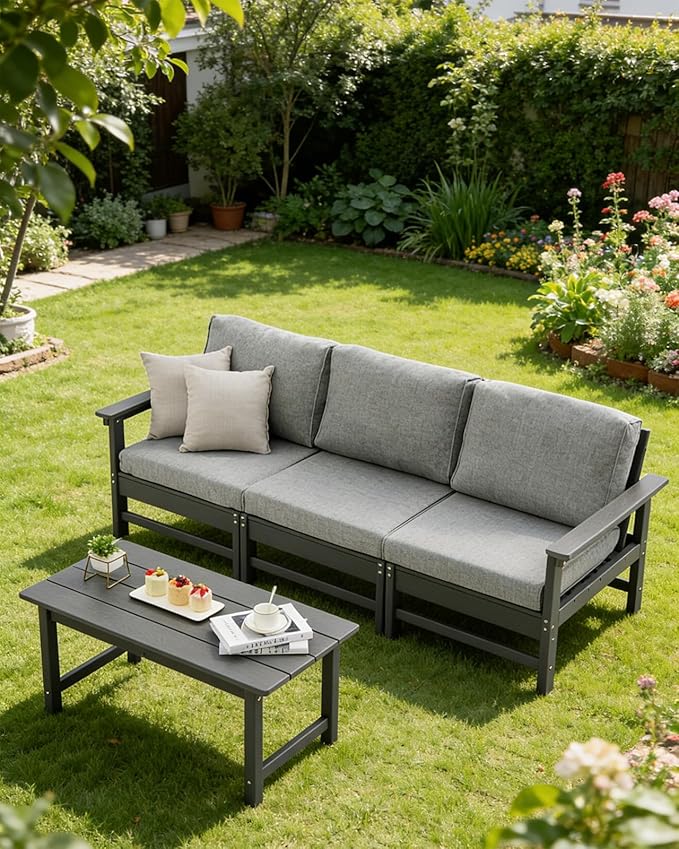 HDPE Outdoor Patio Furniture Set with Cushions, 4 Piece Patio Conversation Set Sofa Set,All Weather Outdoor Couch Set with Coffee Table for Lawn, Garden, Deck