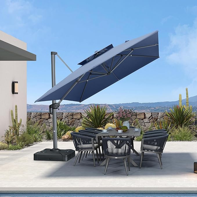 PURPLE LEAF Patio Umbrella 10' X 13' Outdoor Cantilever Umbrella Large Rectangle Double Top Heavy Duty Offset Umbrella with 360-Degree Rotation for Pool Garden Deck Spectrum Denim