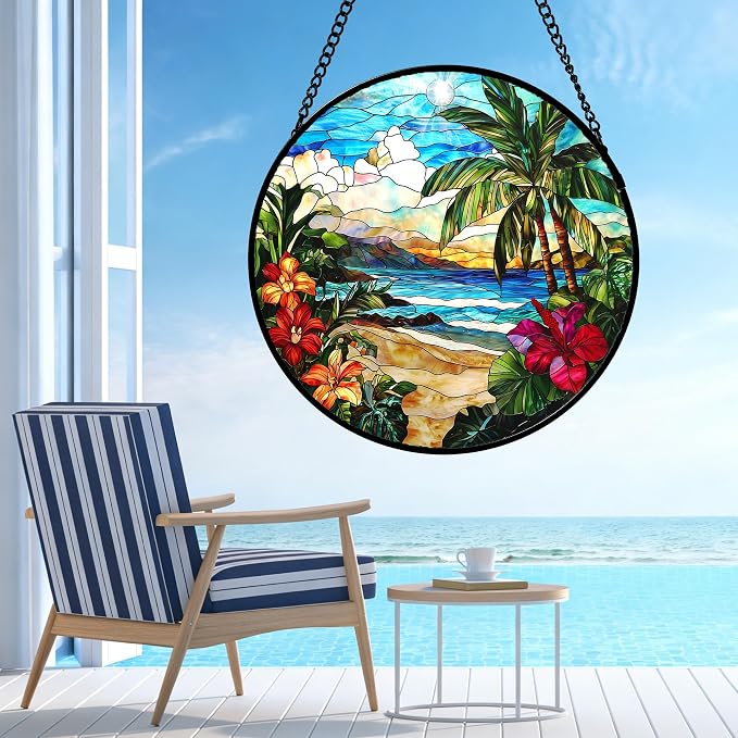 DASTOLL Stained Glass Window Hanging, Blue Beach Scenery Suncatcher Diamond Glass Panel Hangings Sun Catchers Decor for Birthday for Women, Men, Wife, Aunt, and Mom 14.9x14.9 in
