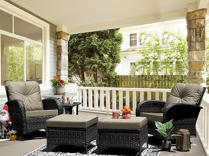 Patio Furniture Conversation Set with Ottomans, 5 Piece Wicker Patio Swivel Rocking Chairs with 360° Swivel Glider and Glass Coffee Table for Porch, Deck, Garden,Beige