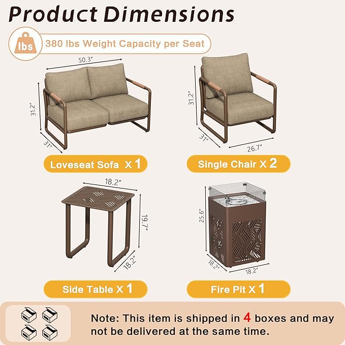 MBY Outdoor Aluminum Patio Furniture Set, 4-Seats Patio Conversation Sofa Set with 45,000 BTU Fire Pit Table w/Glass Wind Guard, All Weather for Pool, Balcony, Garden-Brown