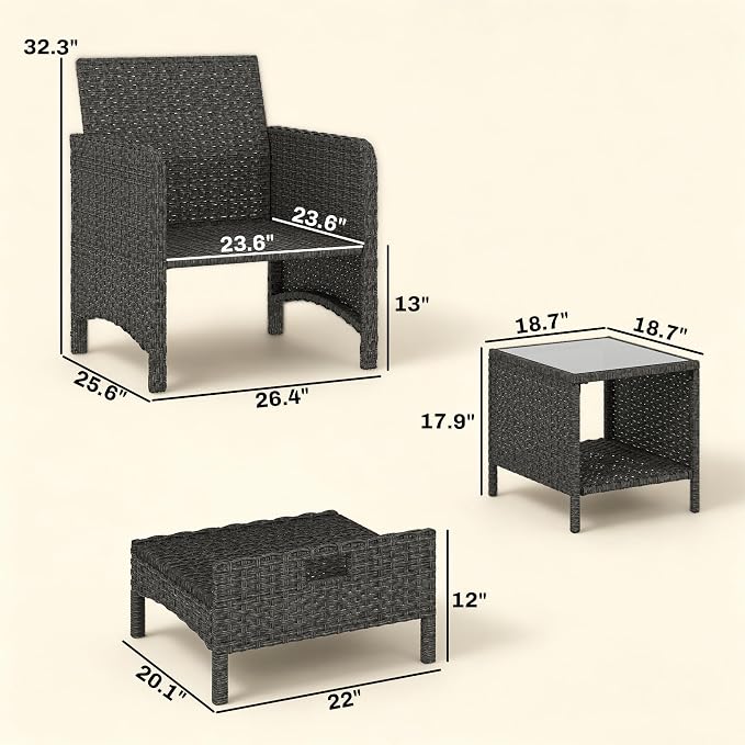 Outsunny 5 Piece Patio Furniture Set, Wicker Balcony Furniture with 23.6" Wide Deep Seat, 2 Ottomans, Glass Coffee Table, Cushions, Rattan Outdoor Conversation Patio Set for Garden Porch, Beige