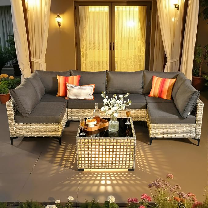 7 Pieces Patio Sectional Furniture Set, Outdoor Wicker Sectional Couch with Solar Lights Table, Modern Conversation Set for Porch Balcony Backyard, Black