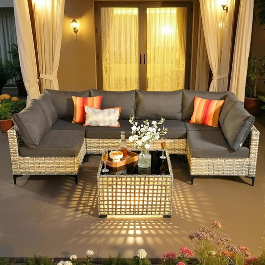 7 Pieces Patio Sectional Furniture Set, Outdoor Wicker Sectional Couch with Solar Lights Table, Modern Conversation Set for Porch Balcony Backyard, Black