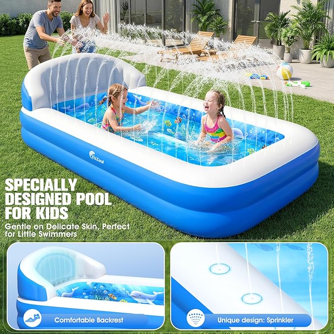 FizZeal Kiddies Pool,Inflatable Pool with Sprinkler,Inflatable Pools with Big Backrest for Toddlers,Rectangle Kids Pool Backyard,Kids Swimming Pool,Small Inflatable Pool, Outdoor Water Pool for Kids