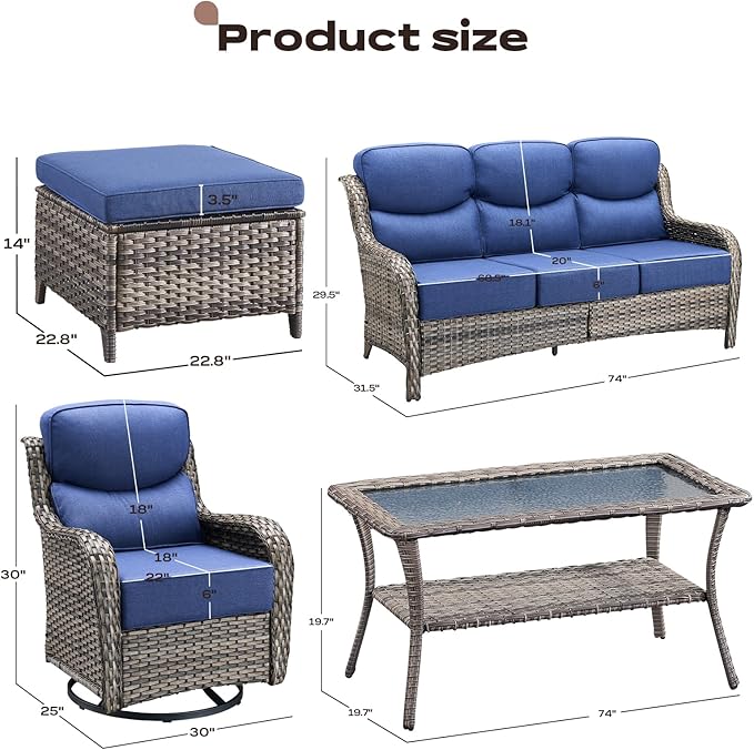 Rilyson Wicker Outdoor Patio Furniture Set - 6 Piece Patio Conversation Sets with Swivel Rocker Chairs, Ottomans, Sofa and Table, 6 inch Cushions, Deep Seating, for Porch Deck Mixed Grey/Blue