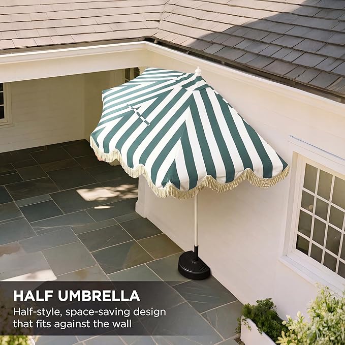 JONATHAN Y Beverly 9 ft. Coastal Green and White Striped Half Patio Umbrella with Scalloped Fringe, Crank Lift, and Manual Tilt for Balcony, White Pole UMB1201L