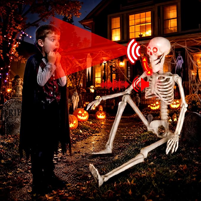 HBSTK 36 Inches Motion&Sound Activated Moving Jaw&Speaking&Glowing Eyes Pose-N-Stay Halloween Skeleton Life Size Full Body Posable Movable Jonints Halloween Decoration Décor