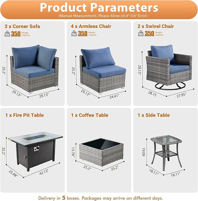 11 PCS Outdoor Patio Furniture Sets with 42'' Fire Pit Table,Wicker Weather Resistant Patio Conversation Set with 2 Wicker Rocking Chair,Modular L Shaped Sofa with Coffee Table for Yard,Denim Blue