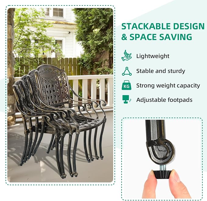 VIVIJASON 9-Piece Outdoor Dining Set, Cast Aluminum Retro Patio Furniture Table and Chairs Set for 8, Include Large 94.5" Rectangular Dining Table and 8 Chairs with Umbrella Hole for Balcony Garden