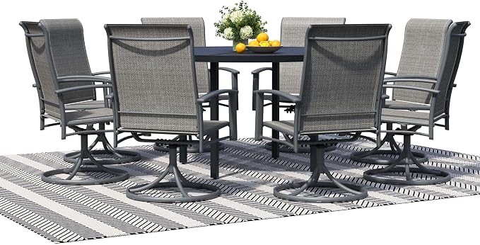 9-Piece Outdoor Dining Set for 8 – 60" Black Round Patio Table with Umbrella Hole & 8 Grey Outdoor Dining Chairs with Armrests, Large Poolside Furniture