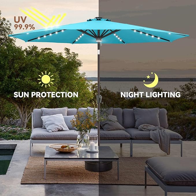 11FT Solar Umbrella Outdoor - Lighted Solar Patio Umbrella with 40 LED Lights Waterproof UV Protection, Table Umbrella with Tilt for Pool, Porch, Garden, Deck, Backyard - Aqua Blue
