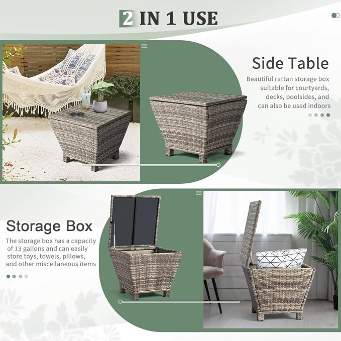HOMSUPPLIE'S 13 Gallon Outdoor Side Table with Storage Space, Waterproof Wicker Patio Deck Box, Rattan End Table with Hidden Storage for Pool Towels, Toys & Garden Tools(Grey,Trapezoid)