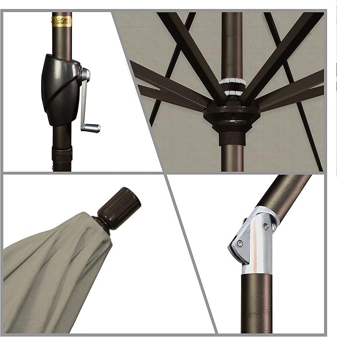 California Umbrella 7.5' Round Aluminum Market Umbrella, Crank Lift, Push Button Tilt, Bronze Pole, Sunbrella Spectrum Dove