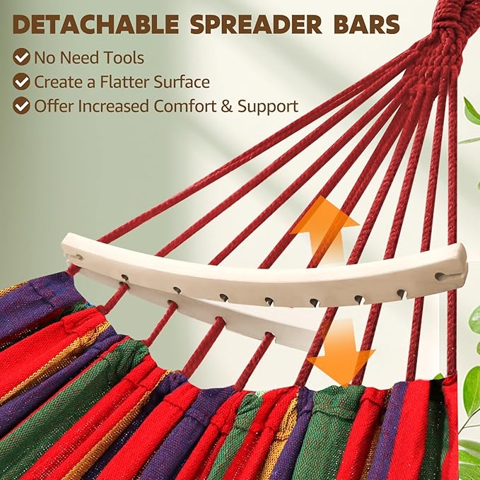 Chihee Cotton Hammock Holds Up to 660lbs Fabric Hammock 8.9x4.9ft Soft Portable Tree Hammocks Camping with Detachable Spreader Bar Pillow 2 Strong Webbings 2 Carabiners Indoor Outdoor Backyard Garden
