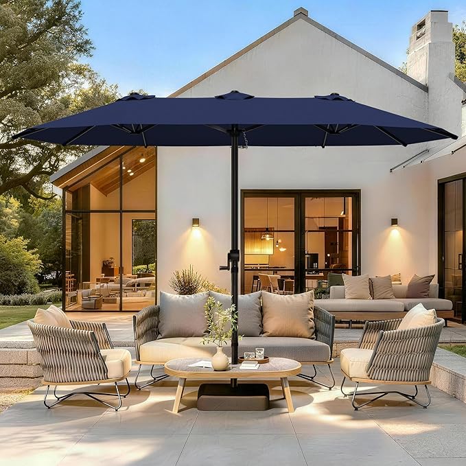 GDPFN 13FT Large Patio Umbrella, Outdoor Deck Standing Umbrella with Crank Handle, Double-Side Rectangular Pool Umbrella for Outside, Market, Patio, Navy Blue