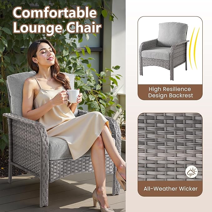 6 PCS Outdoor Patio Furniture Set with Glass Table, All-Weather Rattan Wicker Outdoor Conversation Set with Thickened Cushions for Balcony Backyard Garden Lawn,Dark Grey