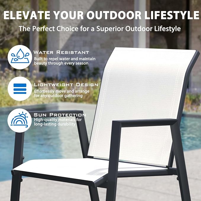 9-Piece Outdoor Dining Set for 8 – 60" Black Round Outdoor Table with Umbrella Hole & 8 White Outdoor Stackable Dining Chairs, All-Weather Patio Furniture