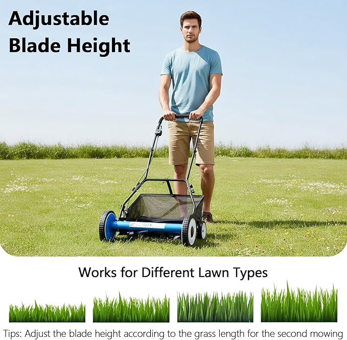20" Push Reel Lawn Mower, 5-Blade Manual Push Lawn Mower with Grass Catcher and Adjustable Cutting Height, No-Motor Grass Cutter Machine for Small Yards & Gardens