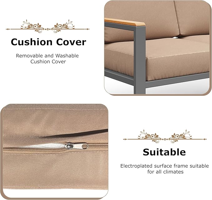 4-Piece Outdoor Patio Furniture Set, Metal Conversation Sofa Set with Deep Cushions & Wood-Like Armrests, Modern Patio Seating with Coffee Table for Garden, Porch, Balcony, Backyard (Brown)