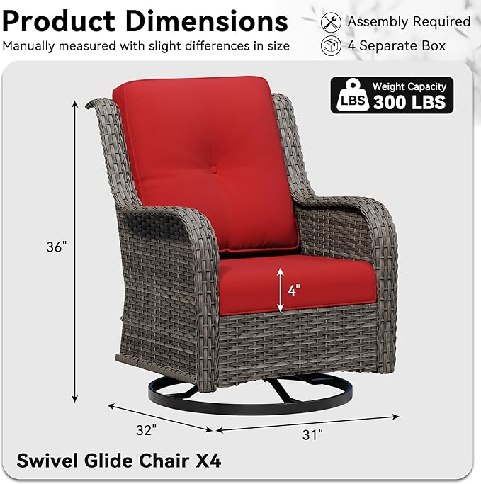 4 Piece Outdoor Swivel Rocker Patio Chairs Set, Patio Chairs Set of 4 with Thickened Olefin Cushions, High Back and Deep Seating, Hand-Woven PE Rattan for Porch, Deck, Red