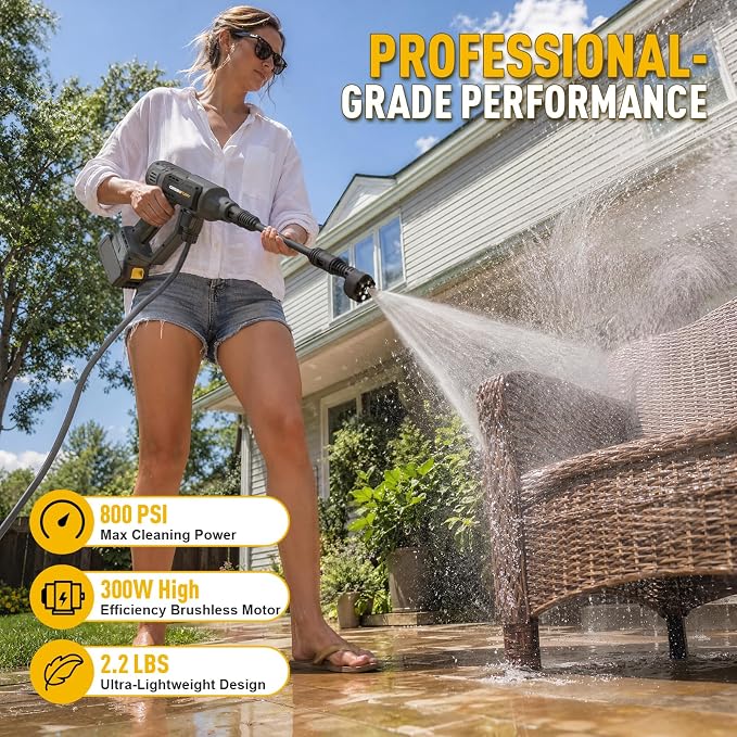 Cordless Portable Washer Compatible with Dewalt 20V MAX Battery (Tool Only) | 2.2 lbs Ultra-Lightweight, 16.4FT Hose, 6-in-1 Nozzle, Ideal for Car, Patio & Fence