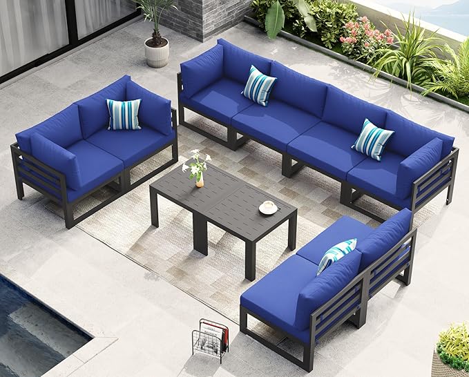 NICESOUL 10 Piece Oversized Modern Aluminum Patio Furniture Set, All Weather Rust Resistant Modular Sectional Sofa with Side Table, 500 lbs Heavy Duty Comfortable Outdoor Couch for Backyard, Navy Blue