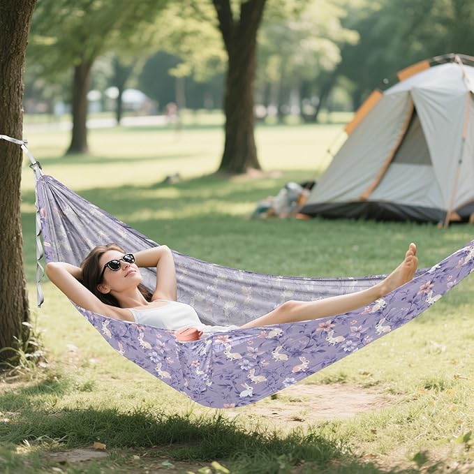 Camping Hammock Outdoor Hammocks for Outside Purple Flower Rabbit Beach Trees Portable Lightweight with Pockets Tree Straps Indoor