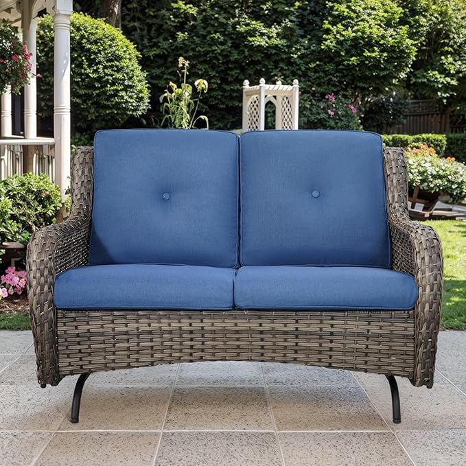 Patio Loveseat Glider Set, Resin Wicker Loveseat Glider with 4 Swivel Patio Chiars Coffee Table 2 Side Table, 8 Piece Patio Conversation Loveseat Set, Grey Wicker|Blue Cushions