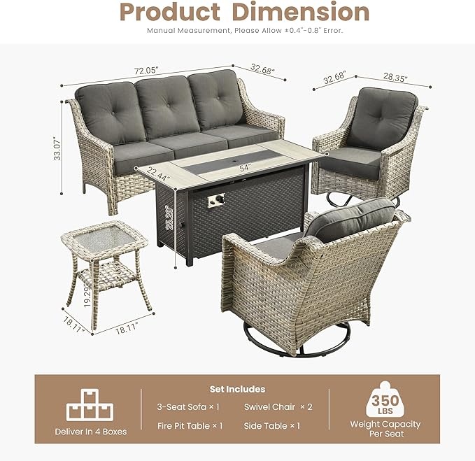 HOOOWOOO Patio Furniture Set,5 Pieces Wicker Outdoor Furniture,High Back Conversation Set with All Weather Resistant Fire Pit Table Couch Swivel Chairs,Denim Blue