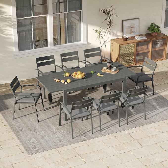 Soleil Jardin 9-Piece Outdoor Patio Dining Set, 59" - 83" Aluminum Expandable Outdoor Dining Table Set for 8, 8 Stackable Chairs with Gray Removable Cushions, Dark-Grey