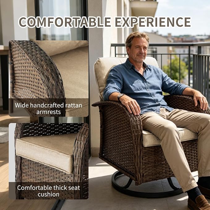 Outdoor Swivel Rocker Patio Chairs (Brown Wicker/Khaki Cushion, 9PC/Sofa & Swivel & Chair &2 Table& Ottomans)