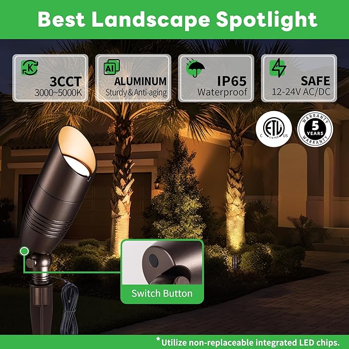Outdoor Landscape Lighting Kit, 8 Pack Spotlights and 100FT Cable and 30 Wire Connectors, 3CCT Aluminum ORB LED Spotlight, Perfect for Porch Backyard Fence, Without Transformer