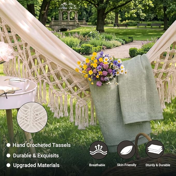 Bohemian White Double Canvas Hammock, Hand-Woven Tassel Boho Outdoor Hammock for Patio Balcony Garden, 2-Person Wedding Decoration, Supports 550 lbs