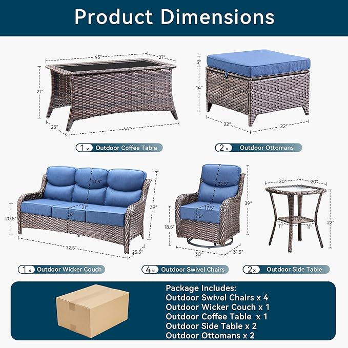 Luxury 10 Pieces Patio Furniture Set, Wicker Swivel Rocker Patio Chairs with 6" Thick Cushion, Outdoor Wicker Sofa with Coffee Table, All Weather Outdoor Conversation for Garden Porch(Brown/Blue)