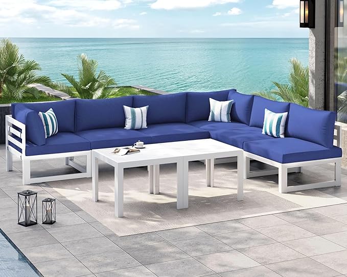 NICESOUL 6 Seat Oversized Modern Aluminum Patio Furniture Set, All Weather Rust Proof Modular Sectional Sofa with Coffee Table, 500 lbs Heavy Duty Comfy Outdoor Couch for Garden Backyard, Navy Blue