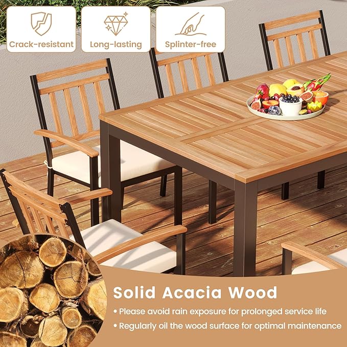 RELAX4LIFE Patio Outdoor Dining Table for 8, 79’’ x 35.5’’ Acacia Wood Rectangular Table w/Slatted Top, Umbrella Hole & Metal Legs, Indoor Outdoor Picnic Bistro Table, 8-Person Patio Dining Table