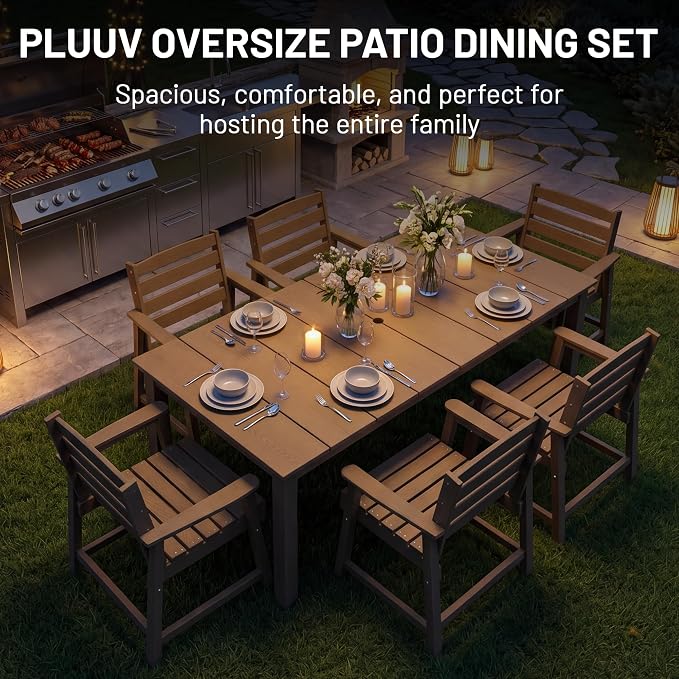 PLUUV 7-Piece Outdoor Patio Dining Set, All-Weather HDPE Dining Furniture Set with Umbrella Hole Cut-Out Table, Aluminum Table Legs, and 6 Chairs, Waterproof & Easy Clean for Backyard, Garden, Brown