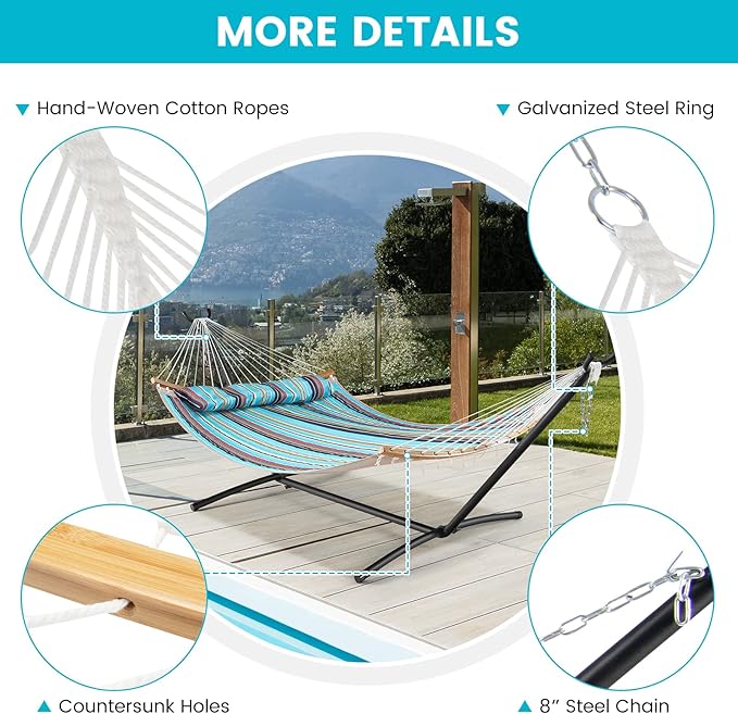Tangkula 11FT Double Hammock, Heavy Duty Outdoor Hammock with Curved Spreader Bars, Detachable Pillow, 2 Person Hammocks for Outside, Porch, Patio (Blue)