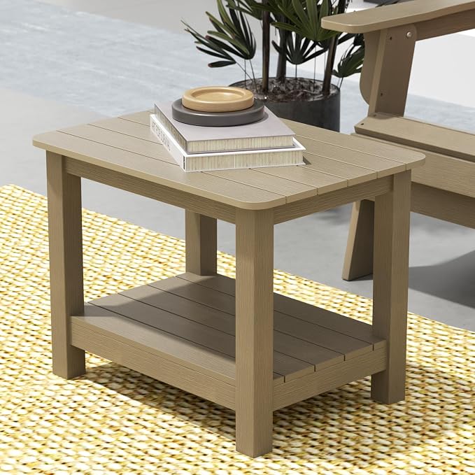WestinTrends Tuscany Outdoor Side Table, All Weather HIPS 2 Tier Adirondack Small Patio Table with Storage, Taupe