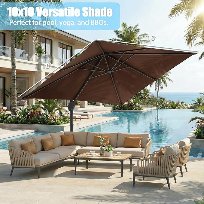 GarveeLife Large Cantilever Patio Umbrella, 10 ft X 10 ft Heavy Duty Aluminum Cantilever Offset Outdoor Umbrella with 360-Degree Rotation for Backyard, Deck, Pool, Tan