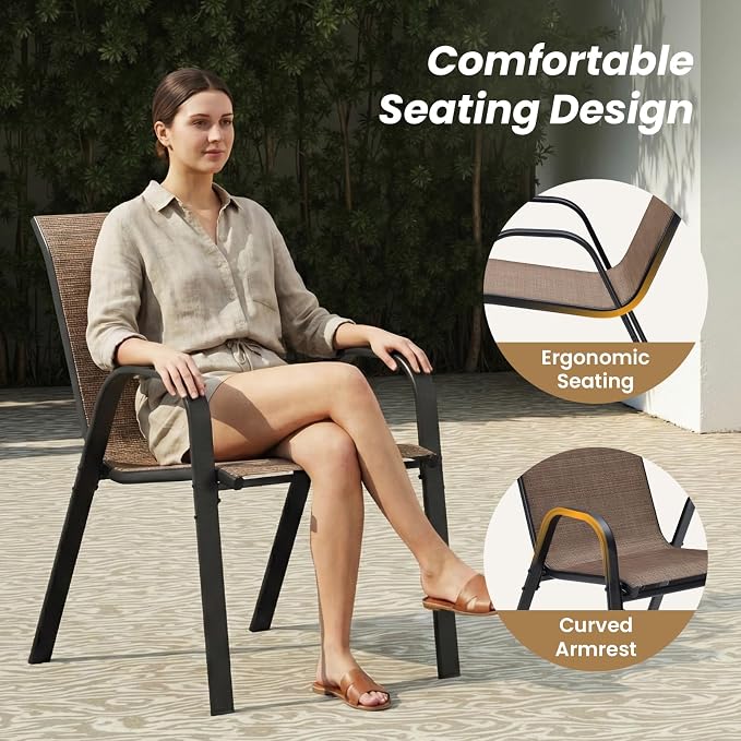Soohow Patio Dining Set for 4, 5-piece Outdoor Dining Set 4 x Stackable Patio Chairs & 1 x Wood-Like Round Table with Umbrella Hole, All-Weather Outdoor Table and Chairs for Backyard, Balcony, Porch