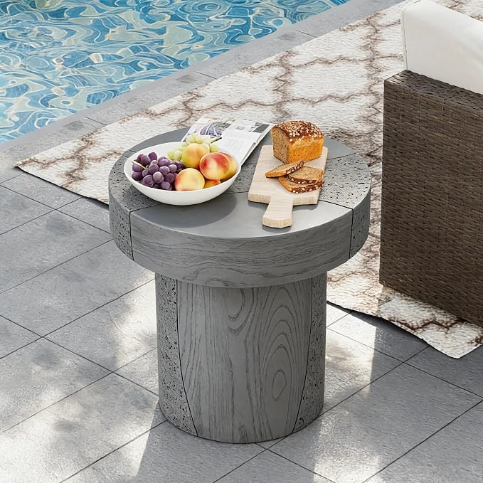 HOMPUS Outdoor Side Table, Concrete Coffee Table Round, 20 inches Dining Table with MgO Tabletop, Faux Wooden End Table for Patio, Garden, Backyard, Grey