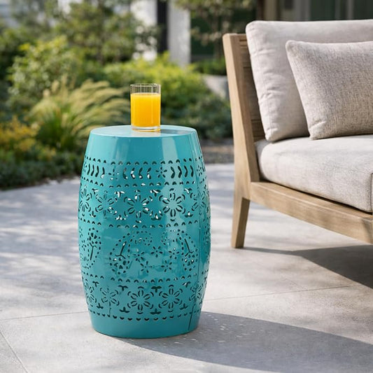 12" Outdoor Side Table, Metal Round Side Table, Multi Functional Decorative Cutout, Coffee Table, Night Stand, Plant Stand for Patio, Garden, Backyard, Gazebo Indoor (Teal)