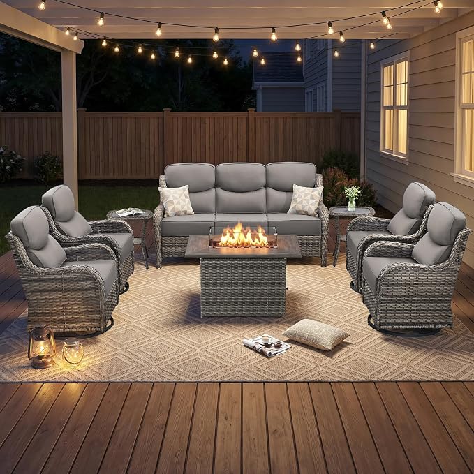 Luxury Swivel Rocker Chairs Fire Pit Set with 6" Thick Cushion 8 piece Wicker Outdoor Patio Chair with Sofa and Side Table,Comfortable High Back Outdoor Patio Furniture Set - Gery | Gery