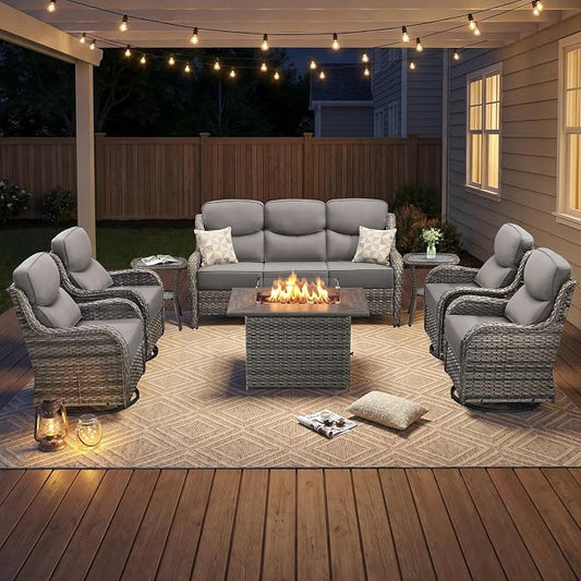 Luxury Swivel Rocker Chairs Fire Pit Set with 6" Thick Cushion 8 piece Wicker Outdoor Patio Chair with Sofa and Side Table,Comfortable High Back Outdoor Patio Furniture Set - Gery | Gery