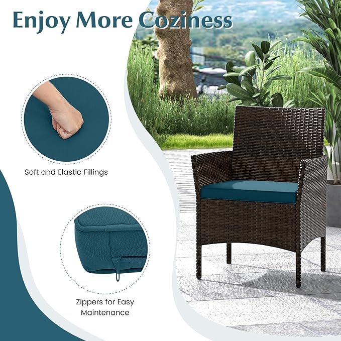 Tangkula 4 Piece Patio Rattan Conversation Set, Outdoor Wicker Furniture Set with Chair, Loveseat & Tempered Glass Table, Cozy Seat Cushions, Outside Sectional Sofa Set for Backyard (1, Peacock Blue)