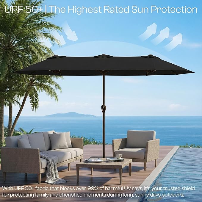 15FT Large Patio Umbrella with Base, Double Sided Rectangular Outdoor Umbrella with Sturdy Fiberglass Ribs, UPF 50+ Sun Protection, Wind-Resistant, Waterproof Fade-Resistant Fabric for Pool, Garden, Backyard, Deck(Black)