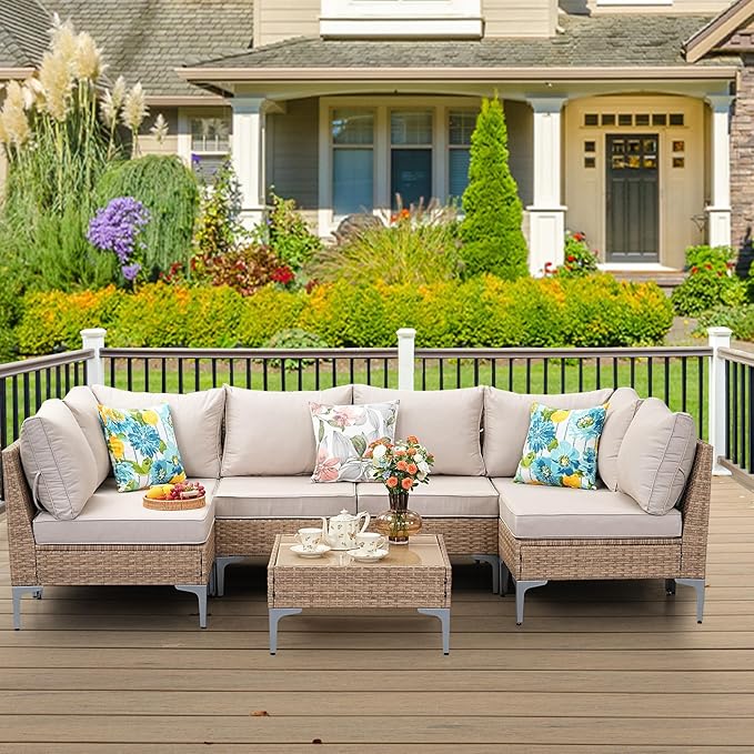 7 Piece Patio Furniture Set, Wicker Modular Outdoor Furniture with Thicker Cushions, Outdoor Couch Sofa for Garden, Poolside, Backyard, Beige