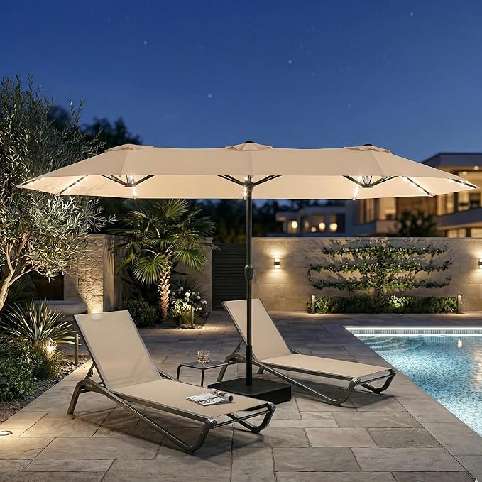 15FT Large Outdoor Patio Umbrella with Solar Lights and Base, Double-Sided Table Umbrellas with 48 LED Lights, Rectangle Market Umbrella for Pool, Deck, Backyard
